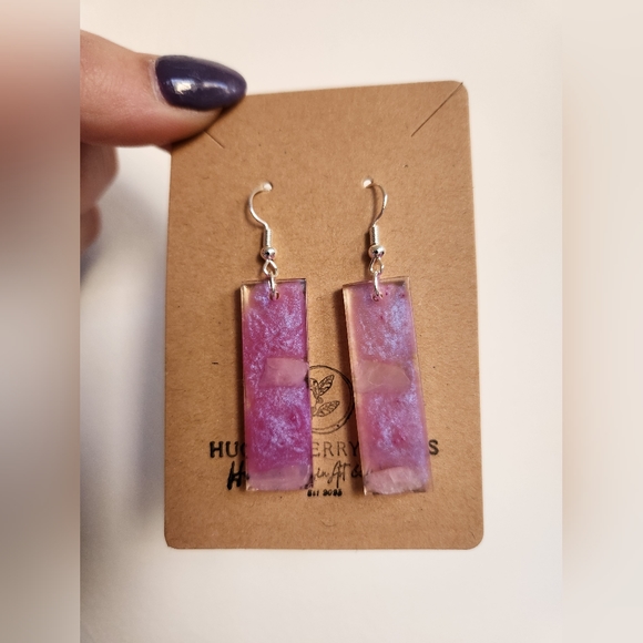 Rose Quartz Pink Holographic Rectangle Dangle Earrings - Picture 3 of 4